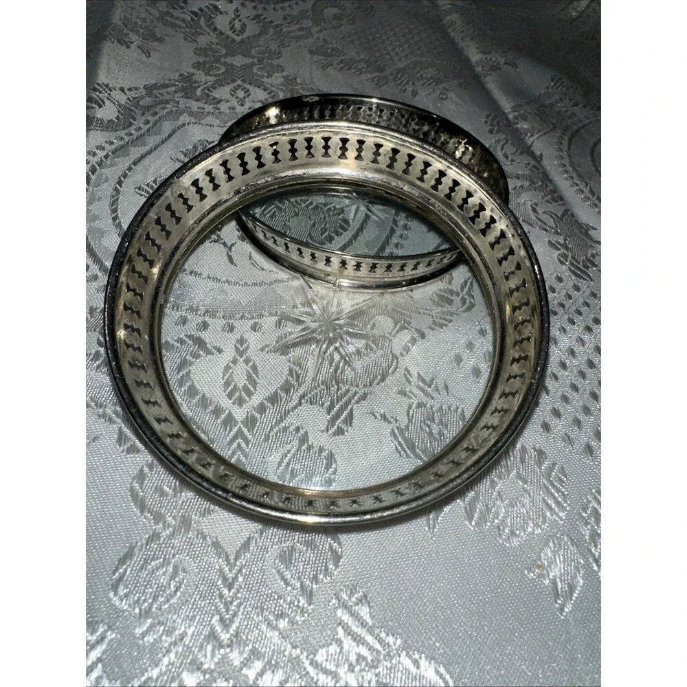 VINTAGE COASTERS WITH PIERCED METAL GALLERY & STAR-CUT GLASS BOTTOM SET OF 2